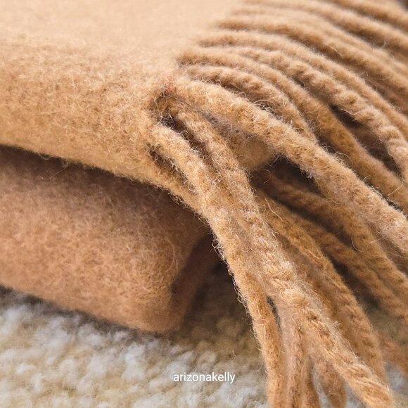 Classic Camel-colored Wool Scarf with Fringe Tan - Picture 2 of 14